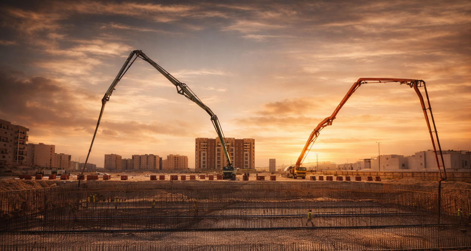 Major concrete construction site at sunset
